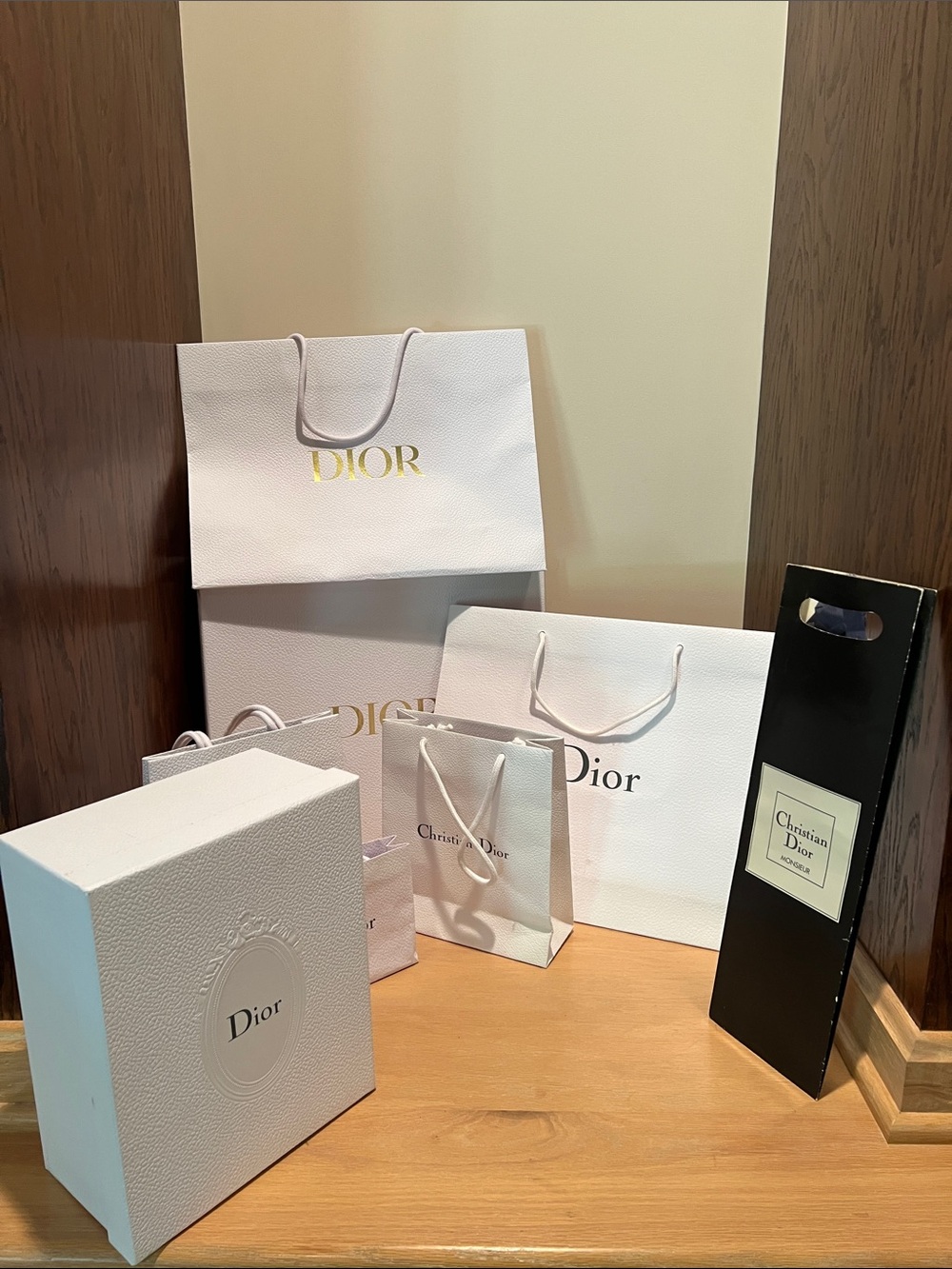 Dior White and Black Designer Packaging Set with Gold Logo Accents